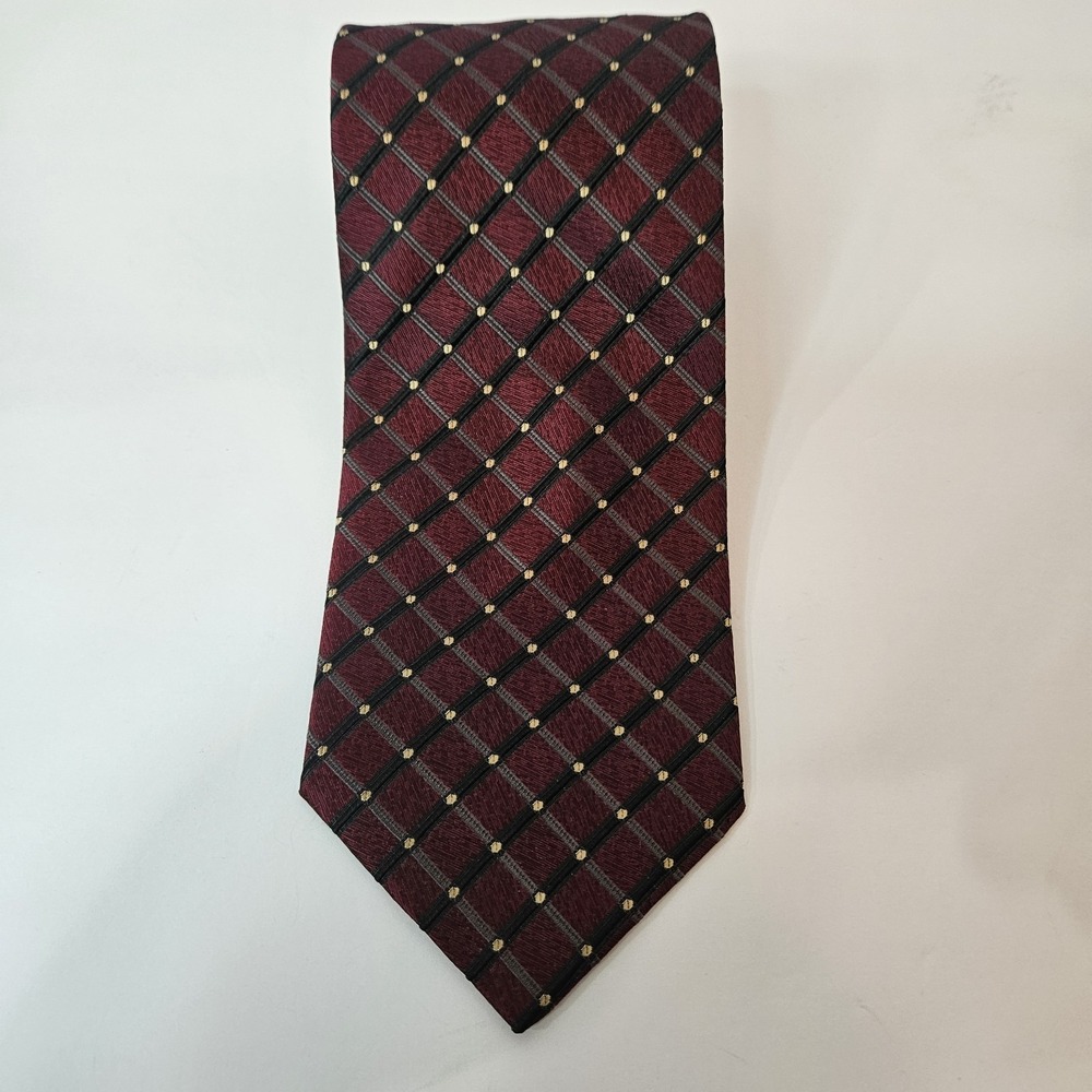 Chas Reed & Co Collection Dark Red/Burgundy 100 % Silk Tie Diamond Check Preppy